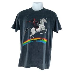 Marvel T-Shirt Men M Short Sleeve Deadpool Riding On Unicorn Rainbow Graphic Tee